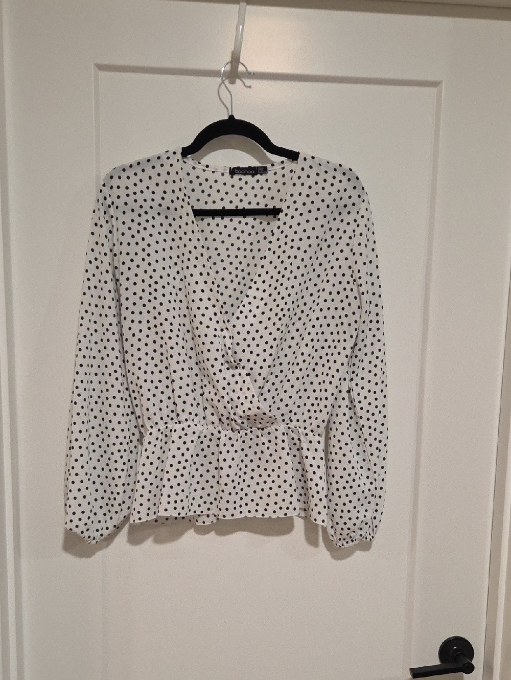 Polka Dot Wrap Peplum Blouse - White/Black